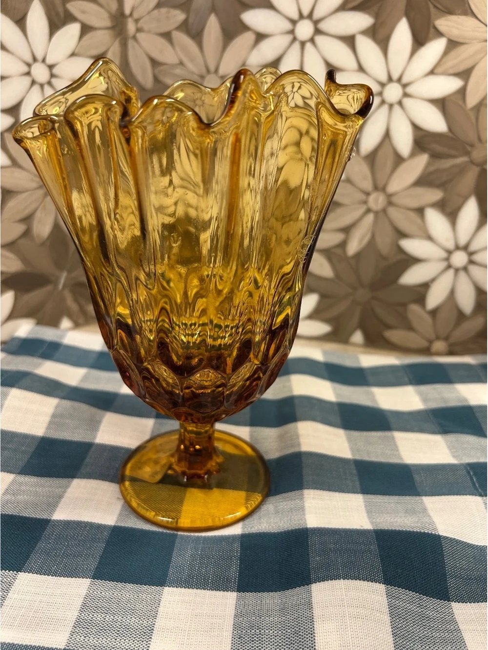 Vintage Fenton Art Glass Amber Thumbprint Handkerchief Swung Pedestal Vase 9